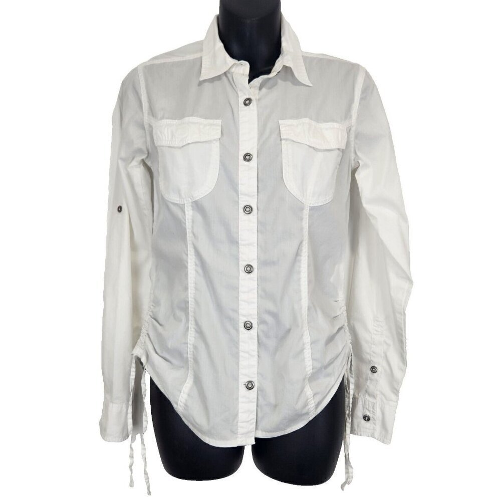 Gramicci‎ Button Up Shirt Womens XS White Roll Tab Sleeves Ruched Sides Outdoor